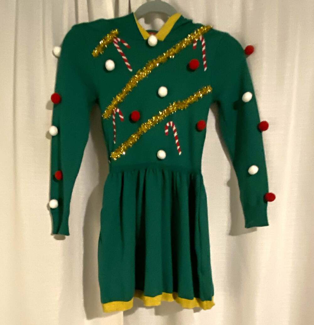 BesserBay Green Christmas Tree Hooded Dress Costume w/ Pom Poms Tinsel Trim S